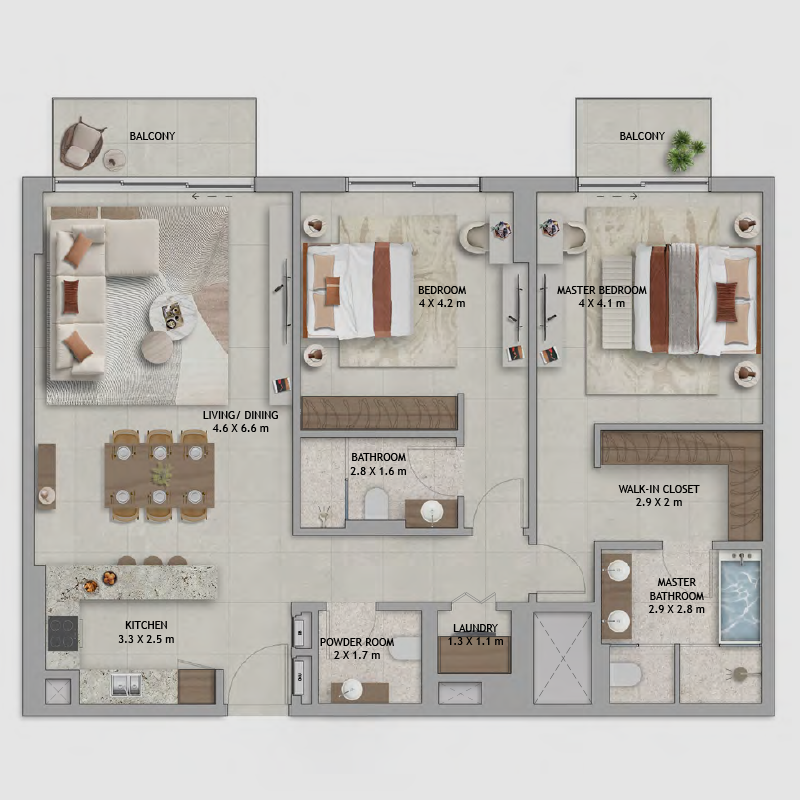 2 BEDROOM (MIDDLE UNIT) - Floor Plan: